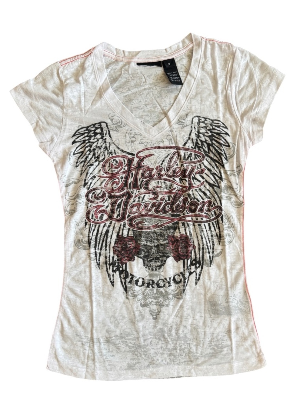 Harley Davidson V-Neck Y2K Style Skull Wings & Roses Graphic T-shirt